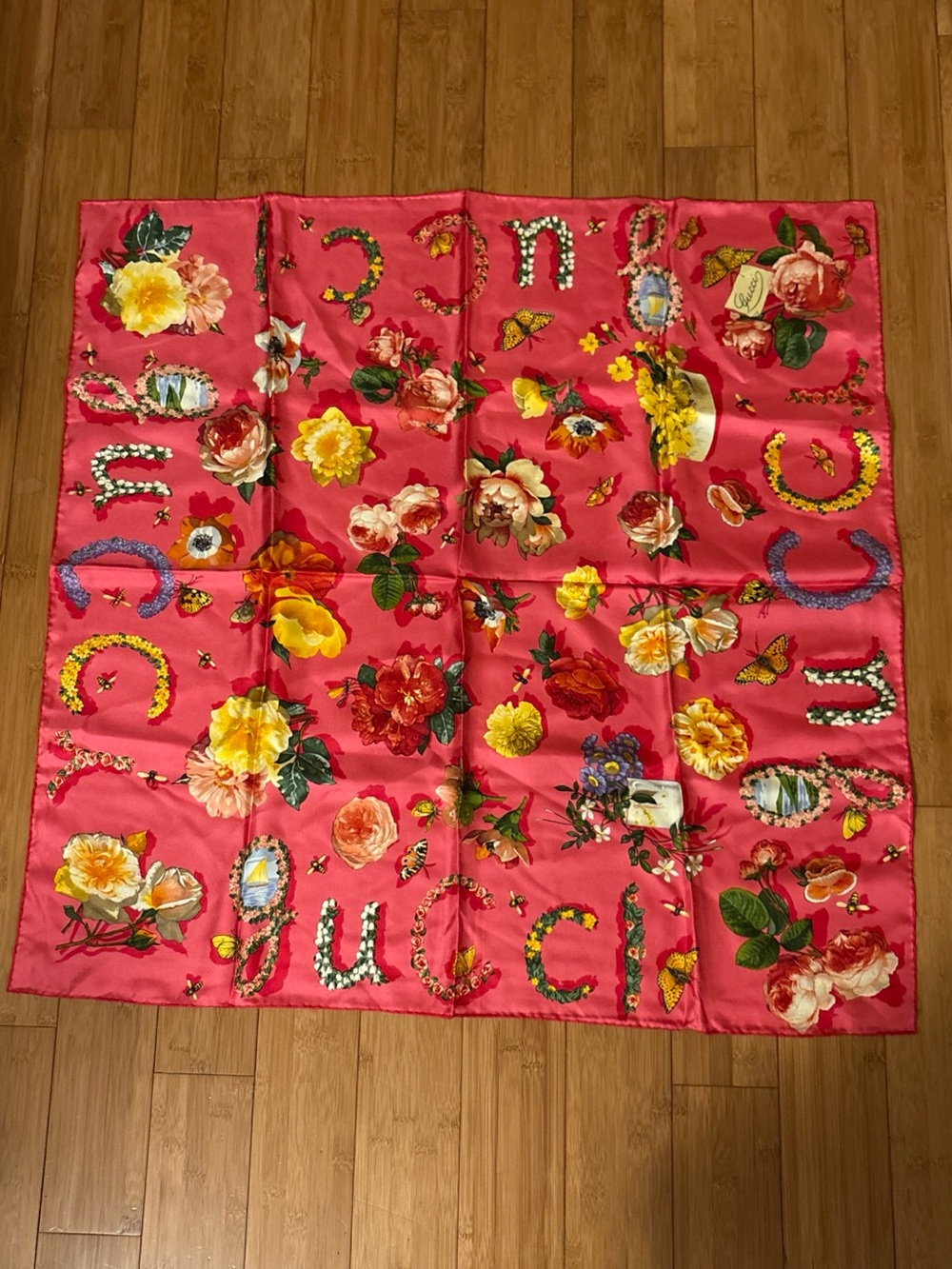Gucci Vibrant Pink Floral Silk Square Scarf 34” X 34.5”